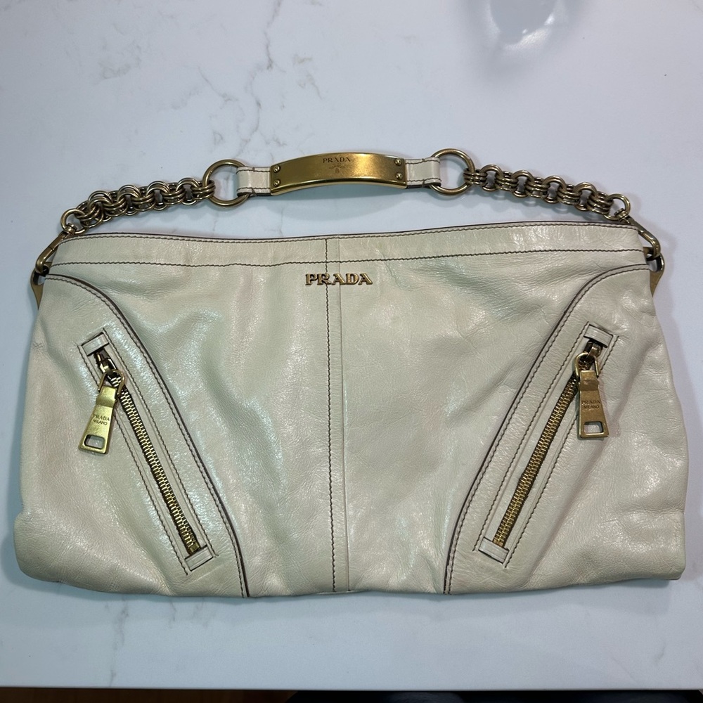 Prada Ivory Leather Shoulder Bag with Gold Accents